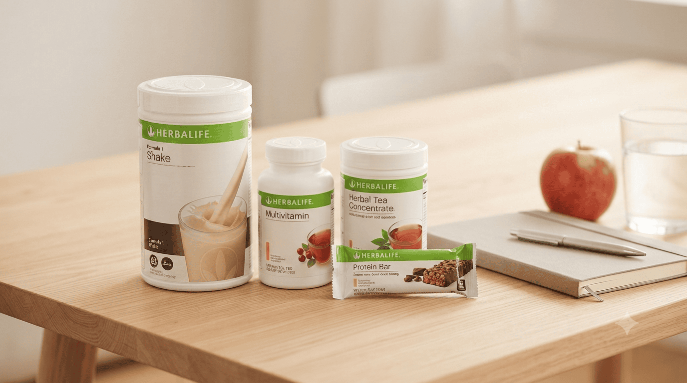 Herbalife Basis-Programm: Formula 1 Shake, Multivitamin, Kräutertee-Konzentrat und Protein Bar auf einem Holztisch mit Notizbuch und Obst